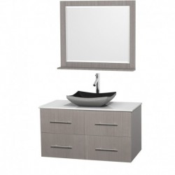 42 inch Single Bathroom Vanity in Gray Oak, White Man-Made Stone Countertop, Altair Black Granite Sink, and 36 inch Mirror