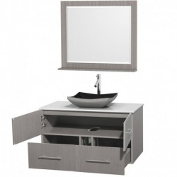 42 inch Single Bathroom Vanity in Gray Oak, White Man-Made Stone Countertop, Altair Black Granite Sink, and 36 inch Mirror