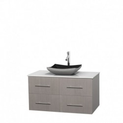 42 inch Single Bathroom Vanity in Gray Oak, White Man-Made Stone Countertop, Altair Black Granite Sink, and No Mirror