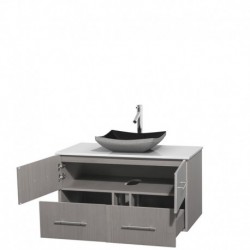 42 inch Single Bathroom Vanity in Gray Oak, White Man-Made Stone Countertop, Altair Black Granite Sink, and No Mirror