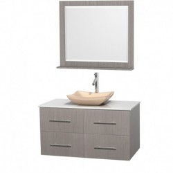 42 inch Single Bathroom Vanity in Gray Oak, White Man-Made Stone Countertop, Avalon Ivory Marble Sink, and 36 inch Mirror