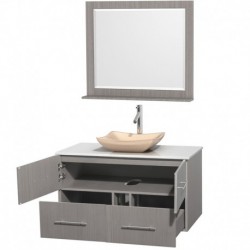 42 inch Single Bathroom Vanity in Gray Oak, White Man-Made Stone Countertop, Avalon Ivory Marble Sink, and 36 inch Mirror