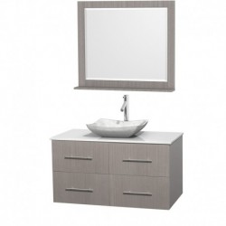 42 inch Single Bathroom Vanity in Gray Oak, White Man-Made Stone Countertop, Avalon White Carrera Marble Sink, and 36 inch Mirr