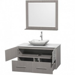 42 inch Single Bathroom Vanity in Gray Oak, White Man-Made Stone Countertop, Avalon White Carrera Marble Sink, and 36 inch Mirr