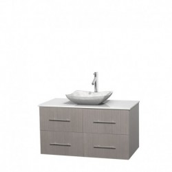 42 inch Single Bathroom Vanity in Gray Oak, White Man-Made Stone Countertop, Avalon White Carrera Marble Sink, and No Mirror