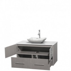 42 inch Single Bathroom Vanity in Gray Oak, White Man-Made Stone Countertop, Avalon White Carrera Marble Sink, and No Mirror