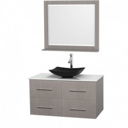 42 inch Single Bathroom Vanity in Gray Oak, White Man-Made Stone Countertop, Arista Black Granite Sink, and 36 inch Mirror