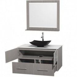 42 inch Single Bathroom Vanity in Gray Oak, White Man-Made Stone Countertop, Arista Black Granite Sink, and 36 inch Mirror