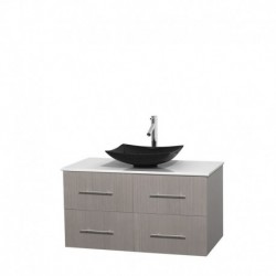 42 inch Single Bathroom Vanity in Gray Oak, White Man-Made Stone Countertop, Arista Black Granite Sink, and No Mirror