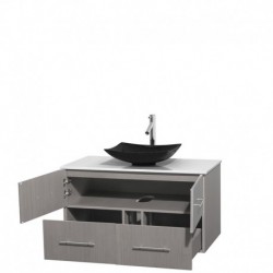 42 inch Single Bathroom Vanity in Gray Oak, White Man-Made Stone Countertop, Arista Black Granite Sink, and No Mirror