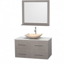 42 inch Single Bathroom Vanity in Gray Oak, White Man-Made Stone Countertop, Arista Ivory Marble Sink, and 36 inch Mirror