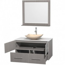42 inch Single Bathroom Vanity in Gray Oak, White Man-Made Stone Countertop, Arista Ivory Marble Sink, and 36 inch Mirror