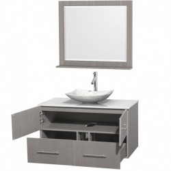 42 inch Single Bathroom Vanity in Gray Oak, White Man-Made Stone Countertop, Arista White Carrera Marble Sink, and 36 inch Mirr