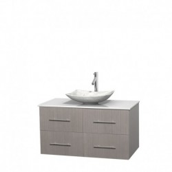 42 inch Single Bathroom Vanity in Gray Oak, White Man-Made Stone Countertop, Arista White Carrera Marble Sink, and No Mirror