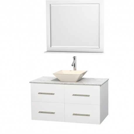 42 inch Single Bathroom Vanity in Matte White, White Carrera Marble Countertop, Pyra Bone Porcelain Sink, and 36 inch Mirror