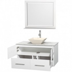 42 inch Single Bathroom Vanity in Matte White, White Carrera Marble Countertop, Pyra Bone Porcelain Sink, and 36 inch Mirror