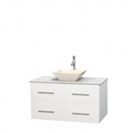 42 inch Single Bathroom Vanity in Matte White, White Carrera Marble Countertop, Pyra Bone Porcelain Sink, and No Mirror
