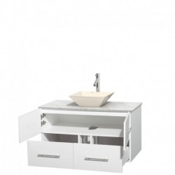 42 inch Single Bathroom Vanity in Matte White, White Carrera Marble Countertop, Pyra Bone Porcelain Sink, and No Mirror