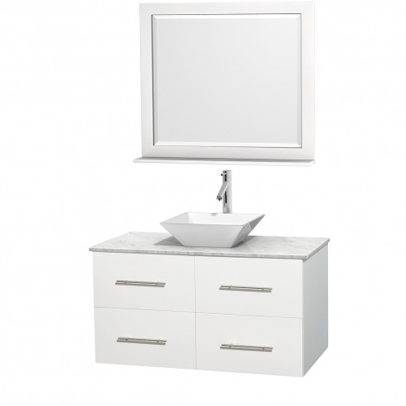 42 inch Single Bathroom Vanity in Matte White, White Carrera Marble Countertop, Pyra White Porcelain Sink, and 36 inch Mirror