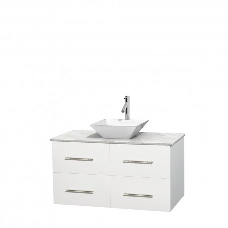 42 inch Single Bathroom Vanity in Matte White, White Carrera Marble Countertop, Pyra White Porcelain Sink, and No Mirror