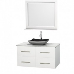42 inch Single Bathroom Vanity in Matte White, White Carrera Marble Countertop, Altair Black Granite Sink, and 36 inch Mirror