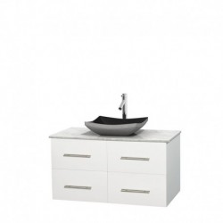 42 inch Single Bathroom Vanity in Matte White, White Carrera Marble Countertop, Altair Black Granite Sink, and No Mirror