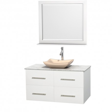 42 inch Single Bathroom Vanity in Matte White, White Carrera Marble Countertop, Avalon Ivory Marble Sink, and 36 inch Mirror