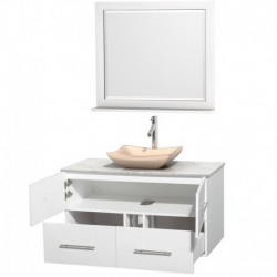 42 inch Single Bathroom Vanity in Matte White, White Carrera Marble Countertop, Avalon Ivory Marble Sink, and 36 inch Mirror
