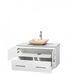 42 inch Single Bathroom Vanity in Matte White, White Carrera Marble Countertop, Avalon Ivory Marble Sink, and No Mirror