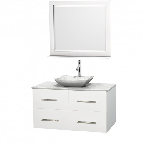 42 inch Single Bathroom Vanity in Matte White, White Carrera Marble Countertop, Avalon White Carrera Marble Sink, and 36 inch M