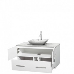42 inch Single Bathroom Vanity in Matte White, White Carrera Marble Countertop, Avalon White Carrera Marble Sink, and No Mirror