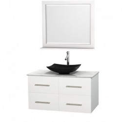 42 inch Single Bathroom Vanity in Matte White, White Carrera Marble Countertop, Arista Black Granite Sink, and 36 inch Mirror