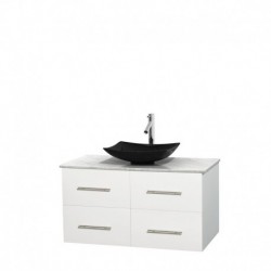 42 inch Single Bathroom Vanity in Matte White, White Carrera Marble Countertop, Arista Black Granite Sink, and No Mirror