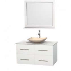 42 inch Single Bathroom Vanity in Matte White, White Carrera Marble Countertop, Arista Ivory Marble Sink, and 36 inch Mirror