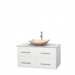 42 inch Single Bathroom Vanity in Matte White, White Carrera Marble Countertop, Arista Ivory Marble Sink, and No Mirror