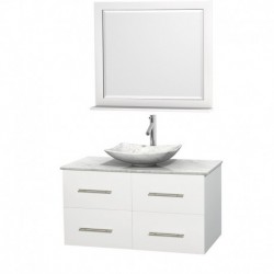 42 inch Single Bathroom Vanity in Matte White, White Carrera Marble Countertop, Arista White Carrera Marble Sink, and 36 inch M