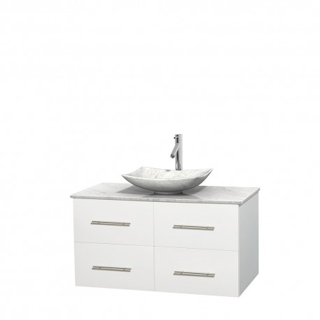 42 inch Single Bathroom Vanity in Matte White, White Carrera Marble Countertop, Arista White Carrera Marble Sink, and No Mirror
