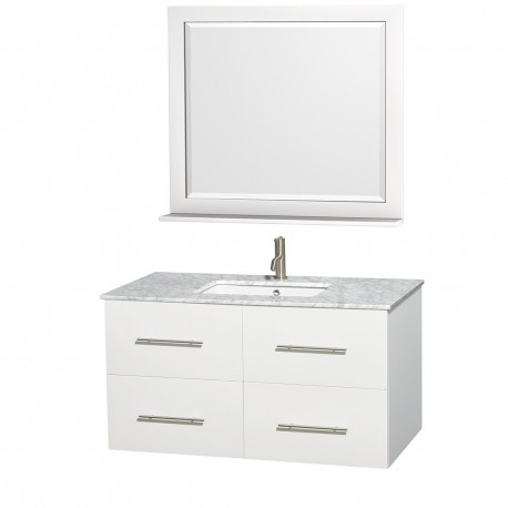 42 inch Single Bathroom Vanity in Matte White, White Carrera Marble Countertop, Undermount Square Sink, and 36 inch Mirror