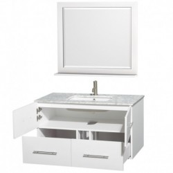 42 inch Single Bathroom Vanity in Matte White, White Carrera Marble Countertop, Undermount Square Sink, and 36 inch Mirror