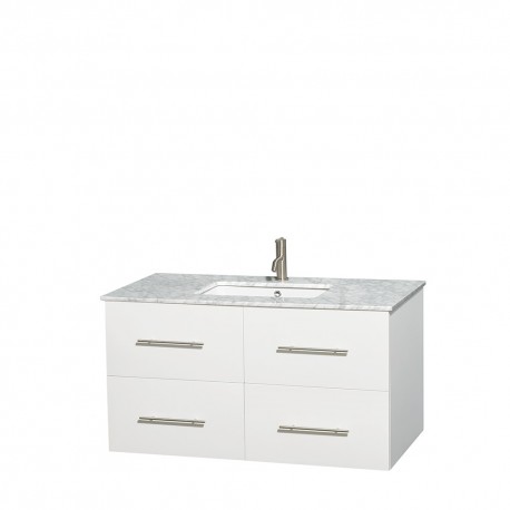 42 inch Single Bathroom Vanity in Matte White, White Carrera Marble Countertop, Undermount Square Sink, and No Mirror