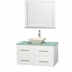 42 inch Single Bathroom Vanity in Matte White, Green Glass Countertop, Pyra Bone Porcelain Sink, and 36 inch Mirror
