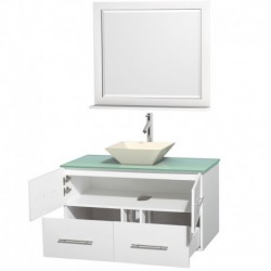42 inch Single Bathroom Vanity in Matte White, Green Glass Countertop, Pyra Bone Porcelain Sink, and 36 inch Mirror