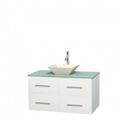 42 inch Single Bathroom Vanity in Matte White, Green Glass Countertop, Pyra Bone Porcelain Sink, and No Mirror