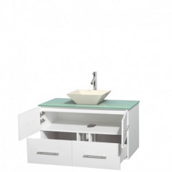 42 inch Single Bathroom Vanity in Matte White, Green Glass Countertop, Pyra Bone Porcelain Sink, and No Mirror