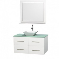 42 inch Single Bathroom Vanity in Matte White, Green Glass Countertop, Pyra White Porcelain Sink, and 36 inch Mirror