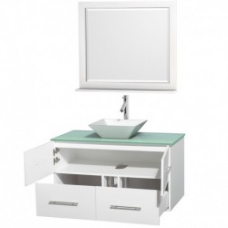 42 inch Single Bathroom Vanity in Matte White, Green Glass Countertop, Pyra White Porcelain Sink, and 36 inch Mirror