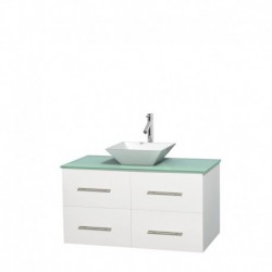 42 inch Single Bathroom Vanity in Matte White, Green Glass Countertop, Pyra White Porcelain Sink, and No Mirror