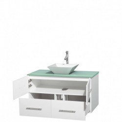 42 inch Single Bathroom Vanity in Matte White, Green Glass Countertop, Pyra White Porcelain Sink, and No Mirror