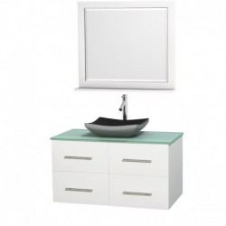 42 inch Single Bathroom Vanity in Matte White, Green Glass Countertop, Altair Black Granite Sink, and 36 inch Mirror
