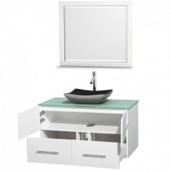 42 inch Single Bathroom Vanity in Matte White, Green Glass Countertop, Altair Black Granite Sink, and 36 inch Mirror